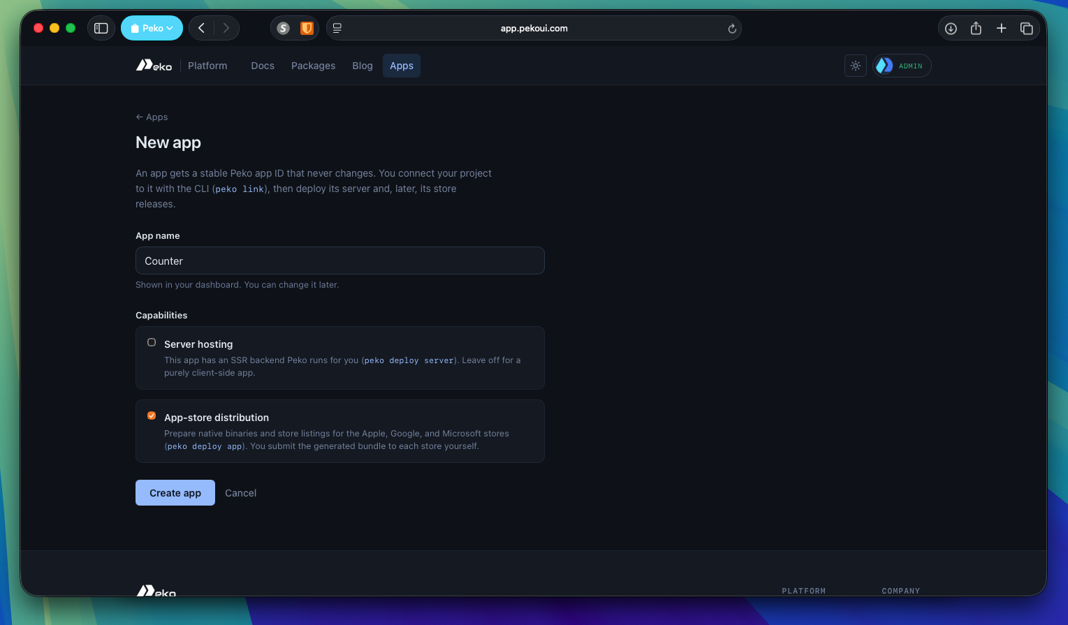 The app creation form on the Peko dashboard