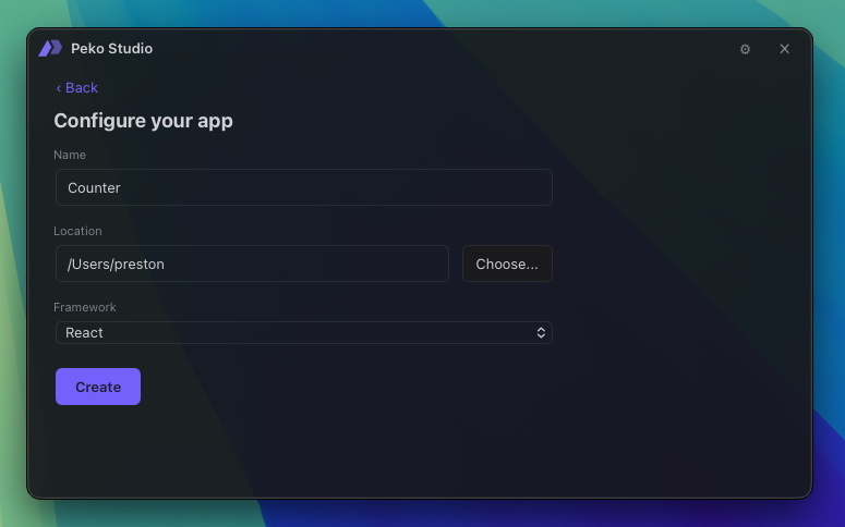 Studio's new project form: type, name, bundle id, and framework