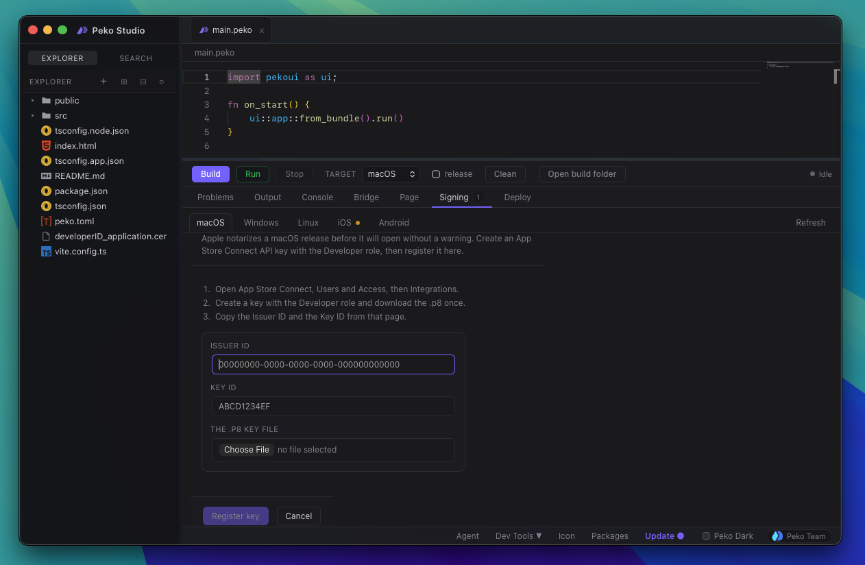 Registering the .p8 notarization key in Studio