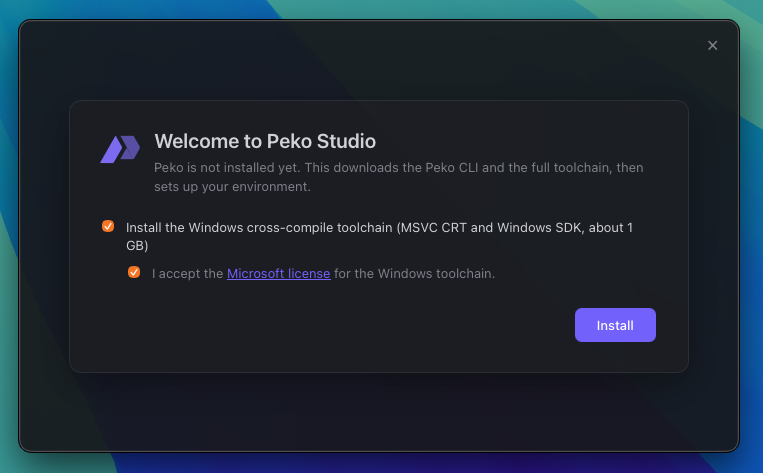 The Studio setup screen with the toolchain install running and progress streaming