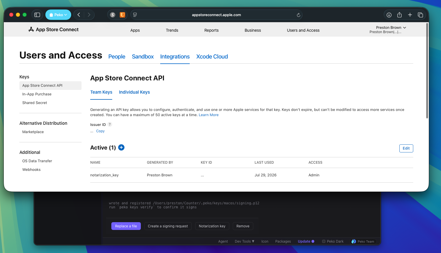 Downloading the App Store Connect .p8 key